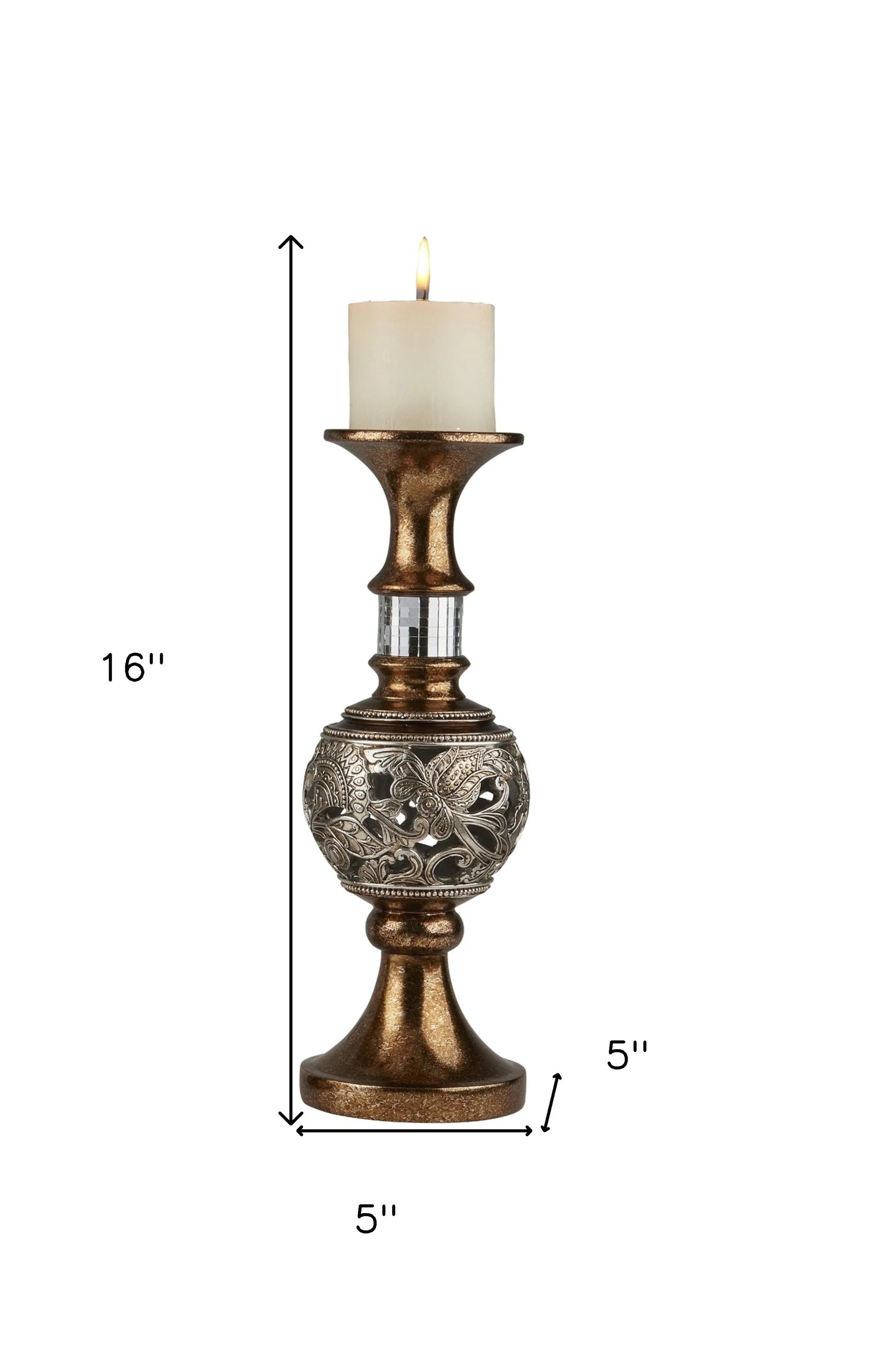 Set of Two Gold and Silver Polyresin Filigree Centerpiece Pillar Candle Holders With Candle By Homeroots - Image 8