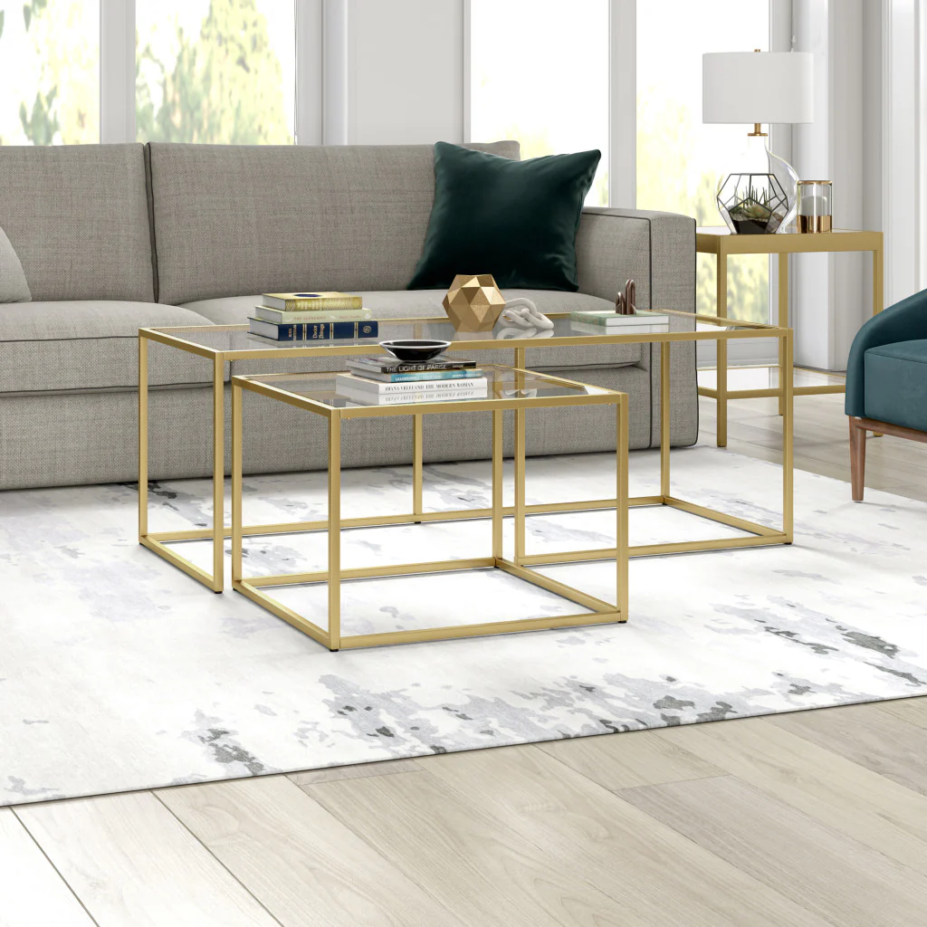 Set of Two Gold Glass And Steel Nested Coffee Tables By Homeroots - Image 3
