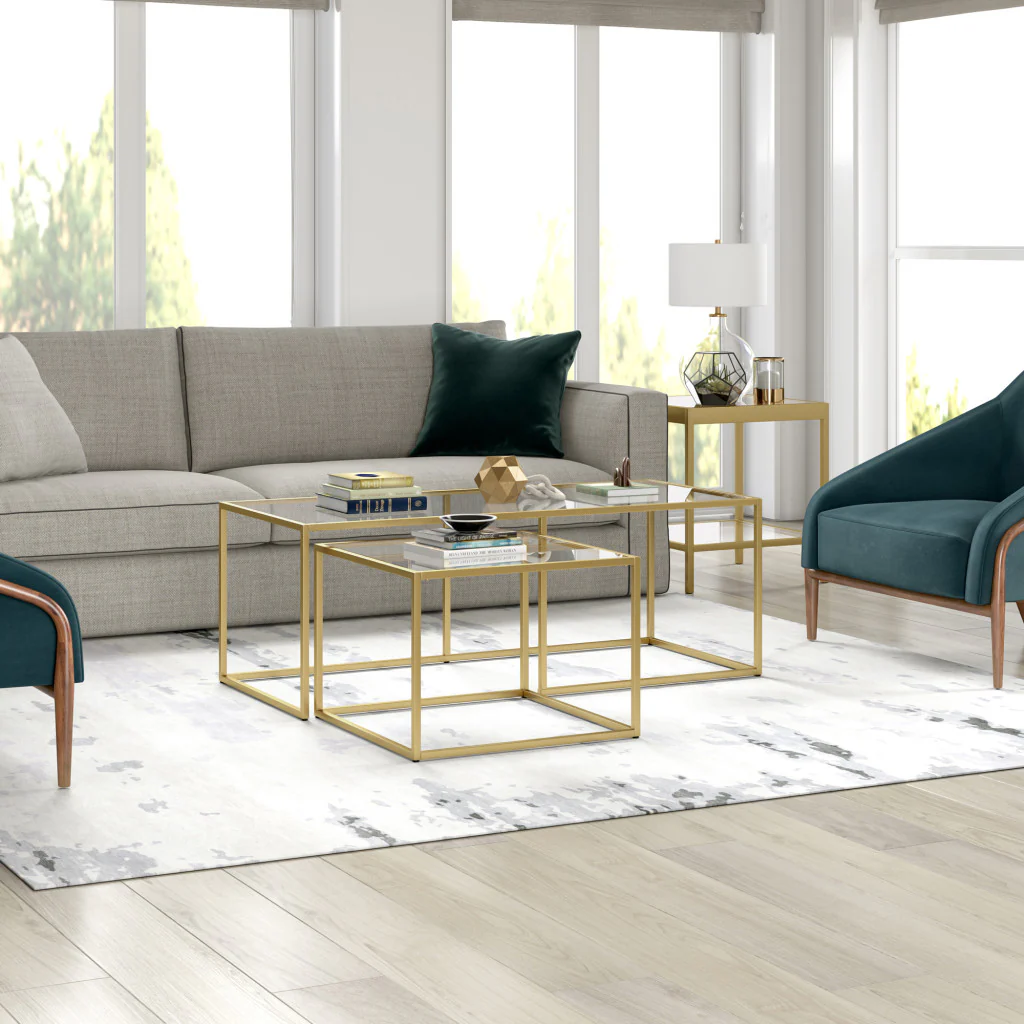 Set of Two Gold Glass And Steel Nested Coffee Tables By Homeroots - Image 4