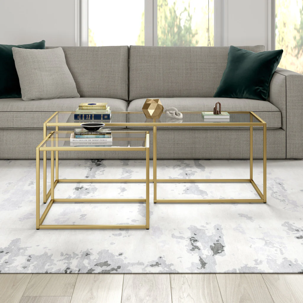 Set of Two Gold Glass And Steel Nested Coffee Tables By Homeroots - Image 5