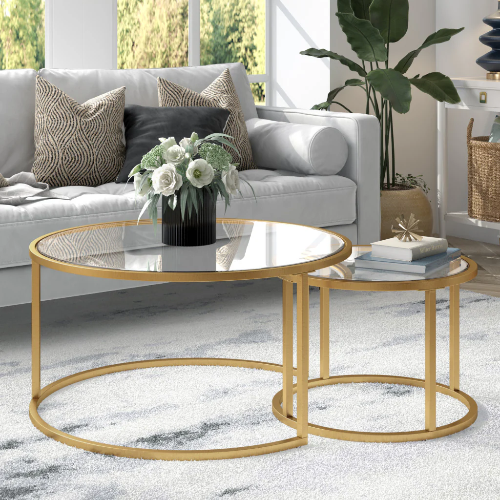 Set of Two Gold Glass And Steel Round Nested Coffee Tables By Homeroots - Image 6