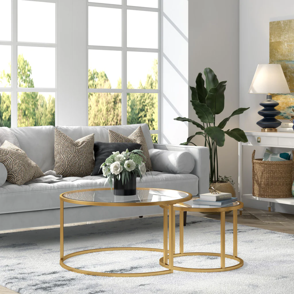 Set of Two Gold Glass And Steel Round Nested Coffee Tables By Homeroots - Image 7