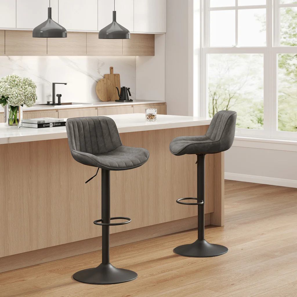 Set of Two Gray And Black Faux Leather And Steel Swivel Low Back Adjustable Height Bar Chairs By Homeroots - Image 3