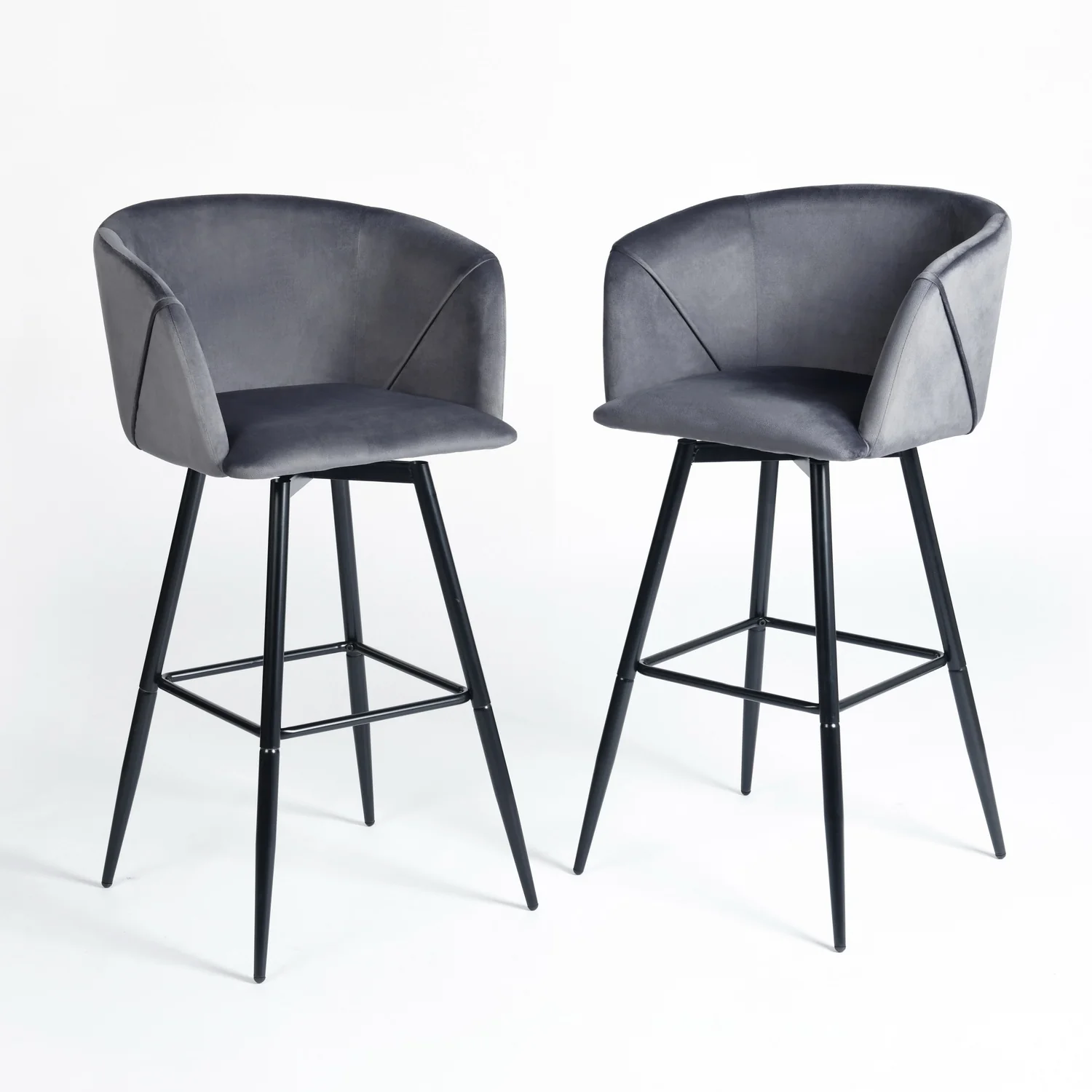 Set of Two Gray And Black Velvet And Steel Low Back Bar Height Bar Chairs By Homeroots - Image 5