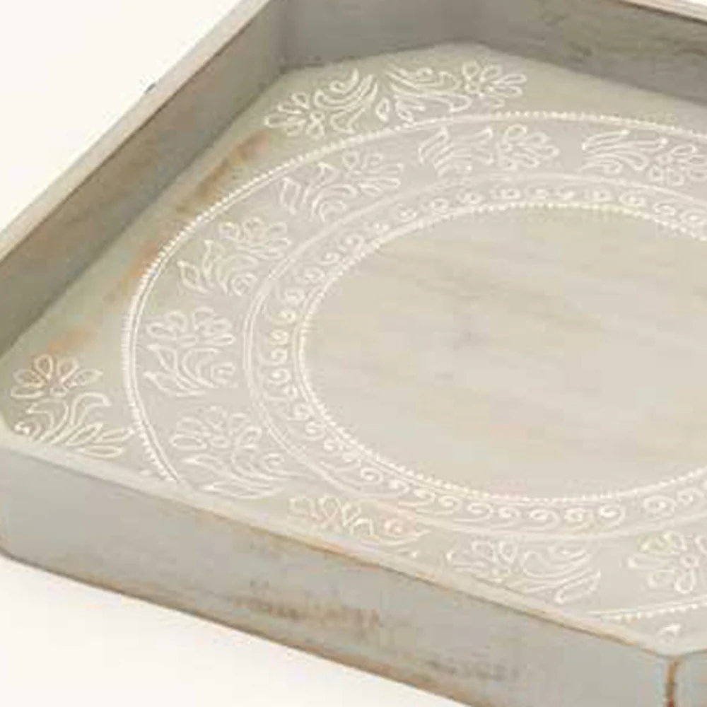 Set Of Two Gray and White Octagon Solid Wood Paisley Handmade Serving Tray With Handles By Homeroots - Image 2