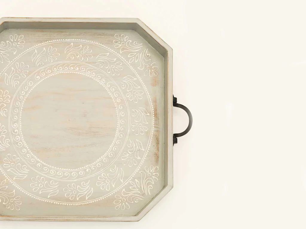 Set Of Two Gray and White Octagon Solid Wood Paisley Handmade Serving Tray With Handles By Homeroots - Image 3