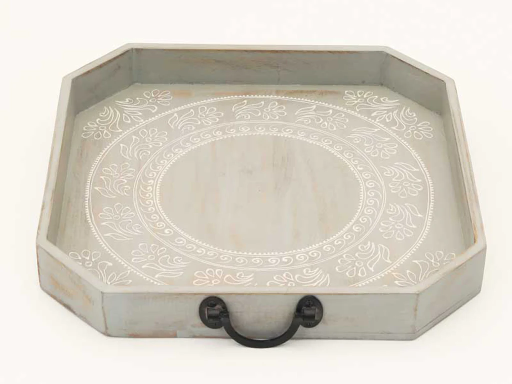 Set Of Two Gray and White Octagon Solid Wood Paisley Handmade Serving Tray With Handles By Homeroots - Image 4