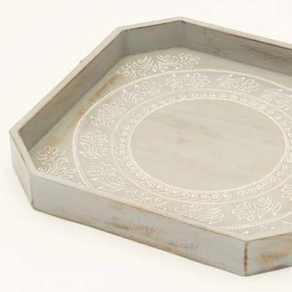 Set Of Two Gray and White Octagon Solid Wood Paisley Handmade Serving Tray With Handles By Homeroots - Image 6