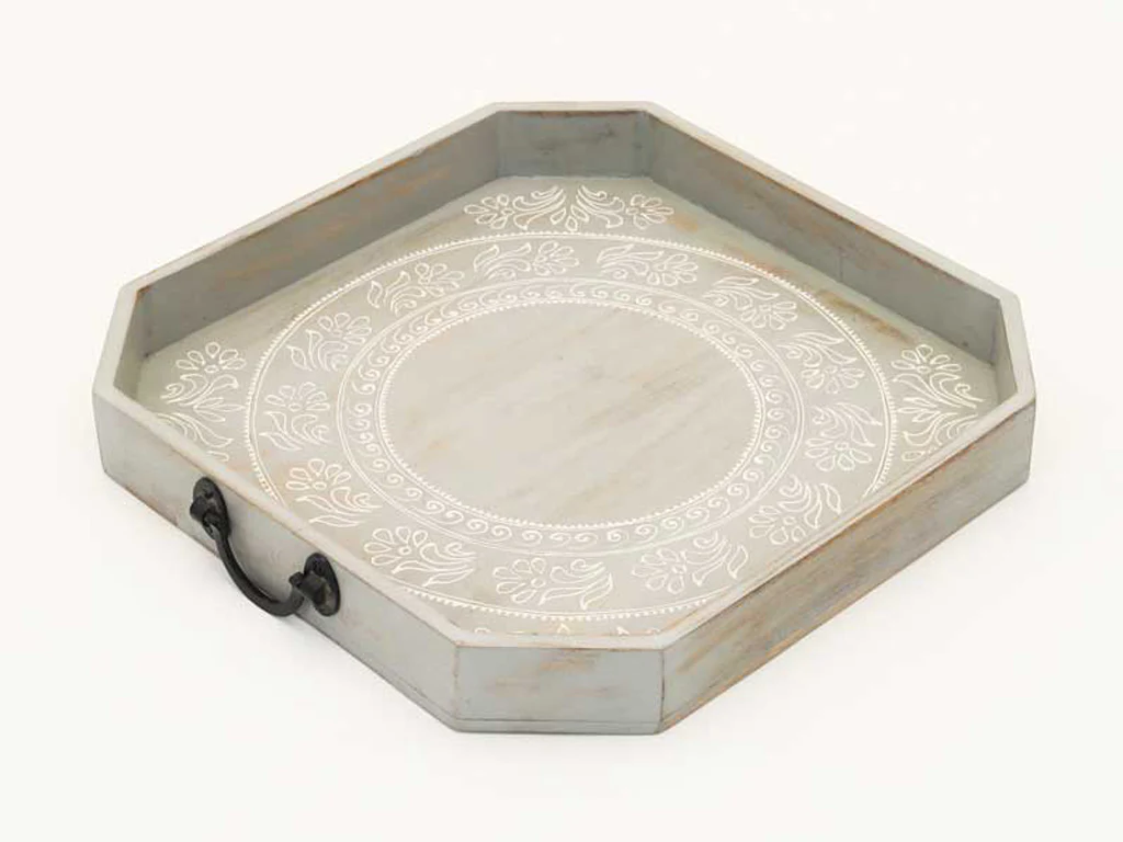 Set Of Two Gray and White Octagon Solid Wood Paisley Handmade Serving Tray With Handles By Homeroots - Image 7