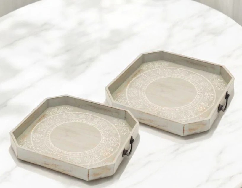 Set Of Two Gray and White Octagon Solid Wood Paisley Handmade Serving Tray With Handles By Homeroots - Image 8