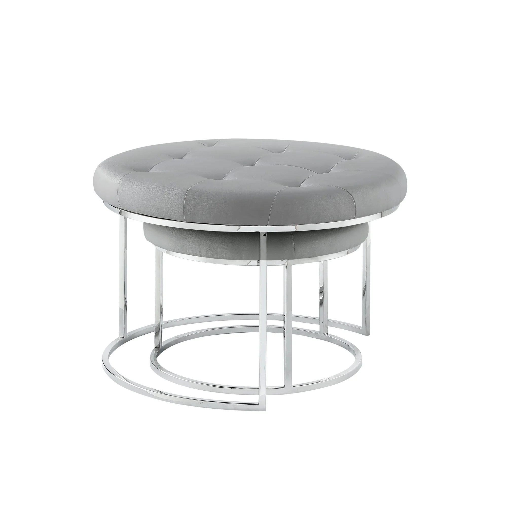 Set of Two Gray Faux Leather and Silver Tufted Round Ottomans By Homeroots - Image 2