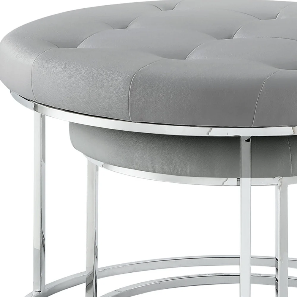 Set of Two Gray Faux Leather and Silver Tufted Round Ottomans By Homeroots - Image 3
