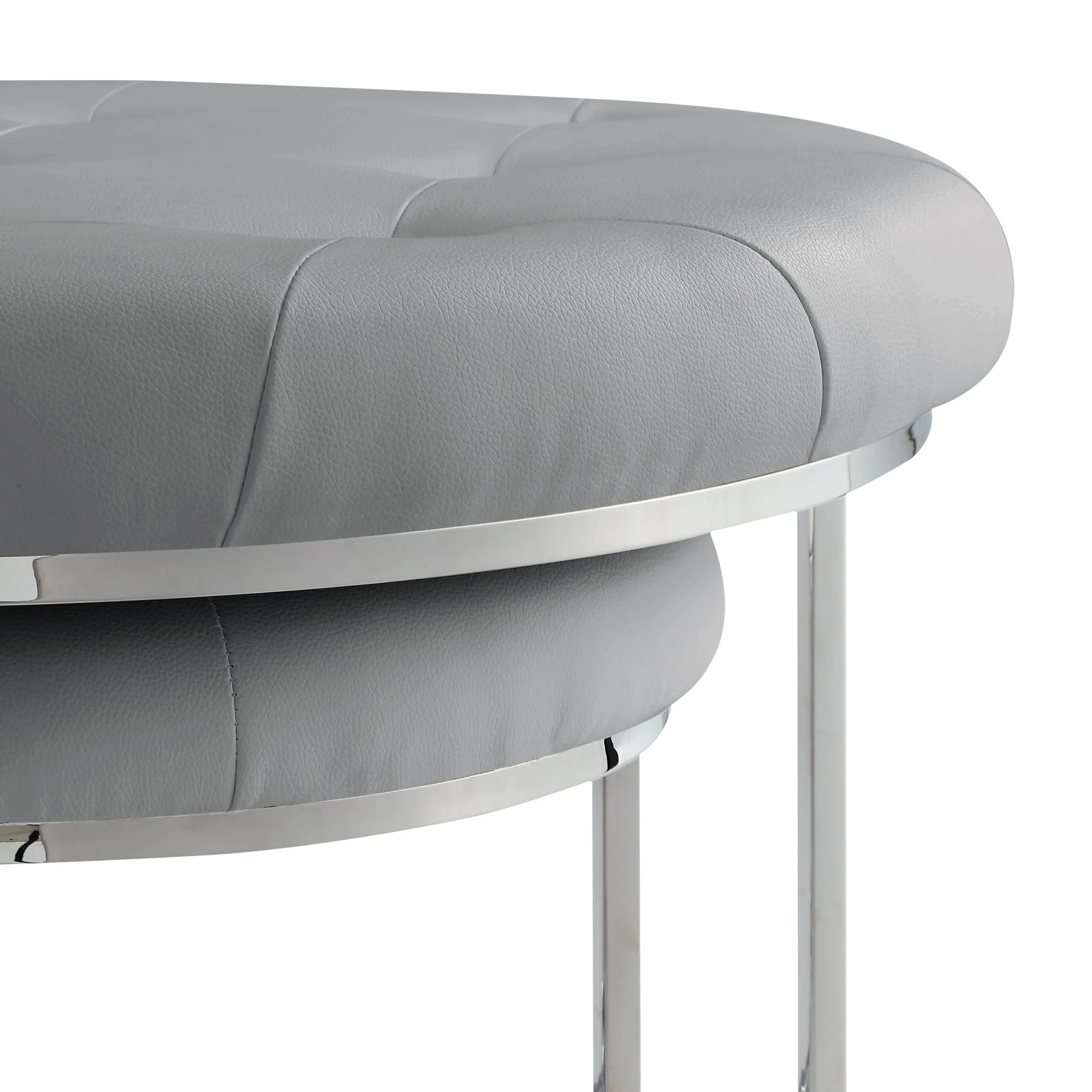 Set of Two Gray Faux Leather and Silver Tufted Round Ottomans By Homeroots - Image 4
