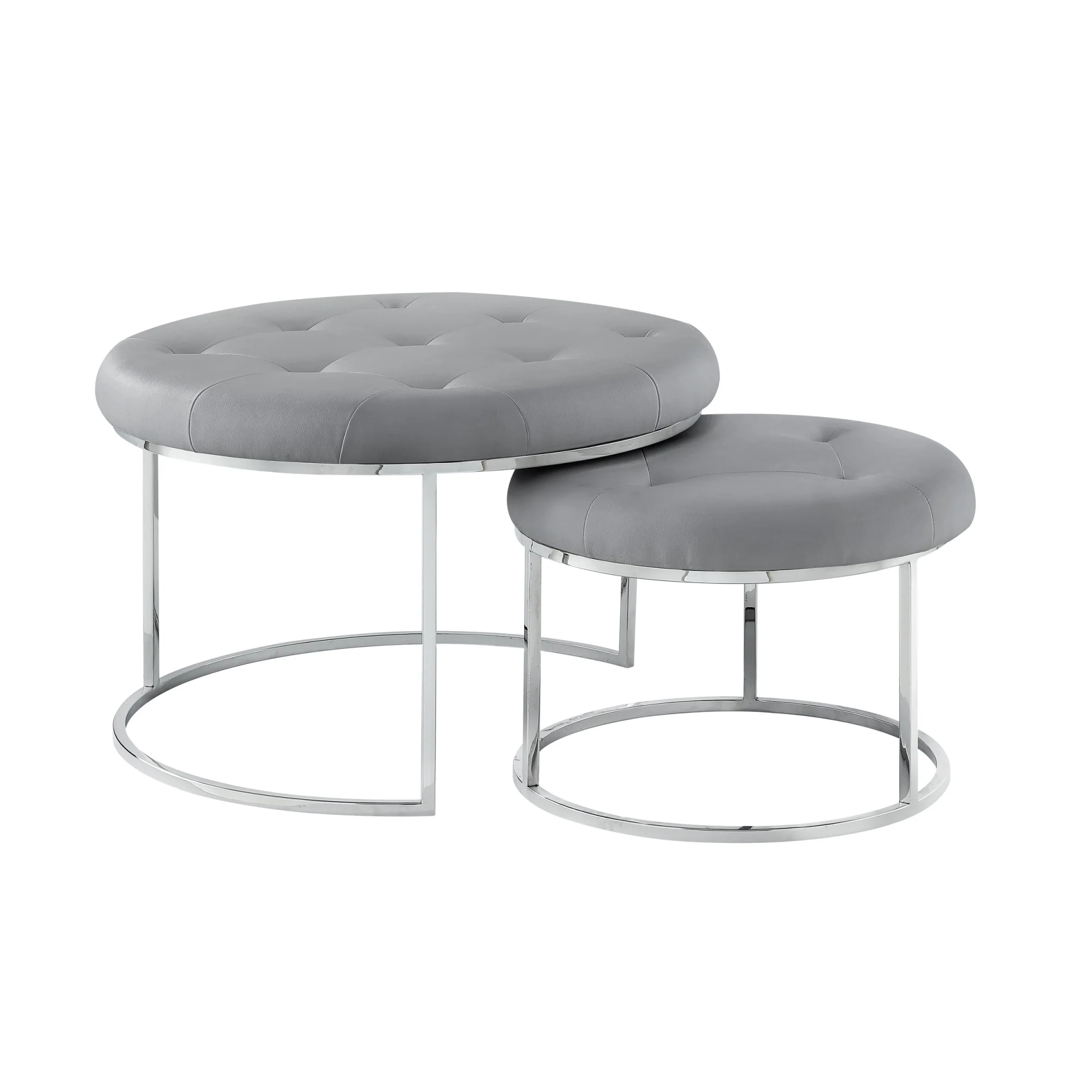 Set of Two Gray Faux Leather and Silver Tufted Round Ottomans By Homeroots - Image 7