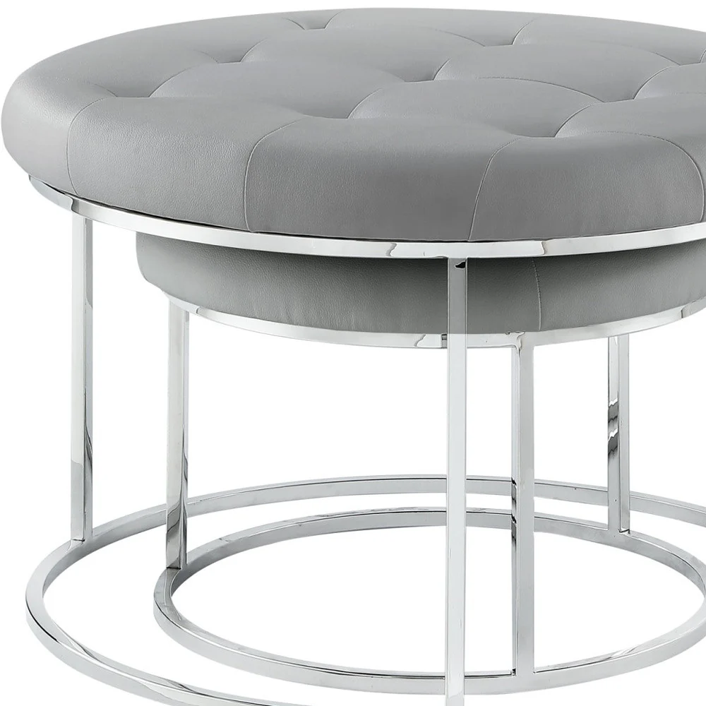 Set of Two Gray Faux Leather and Silver Tufted Round Ottomans By Homeroots - Image 8