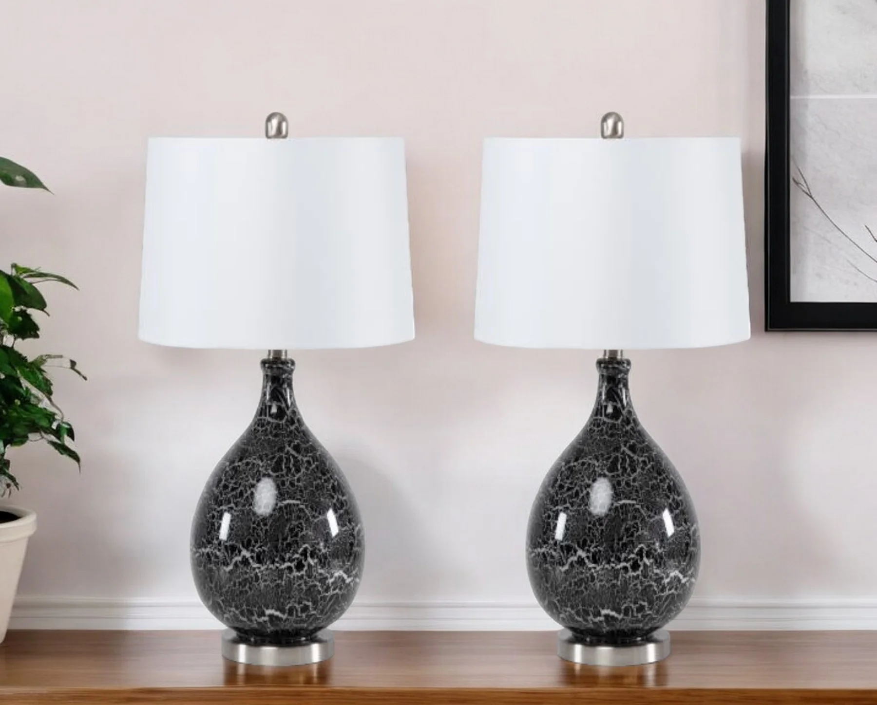 Set of Two Gray Glass Geometric Table Lamp With White Empire Shade By Homeroots - Image 2