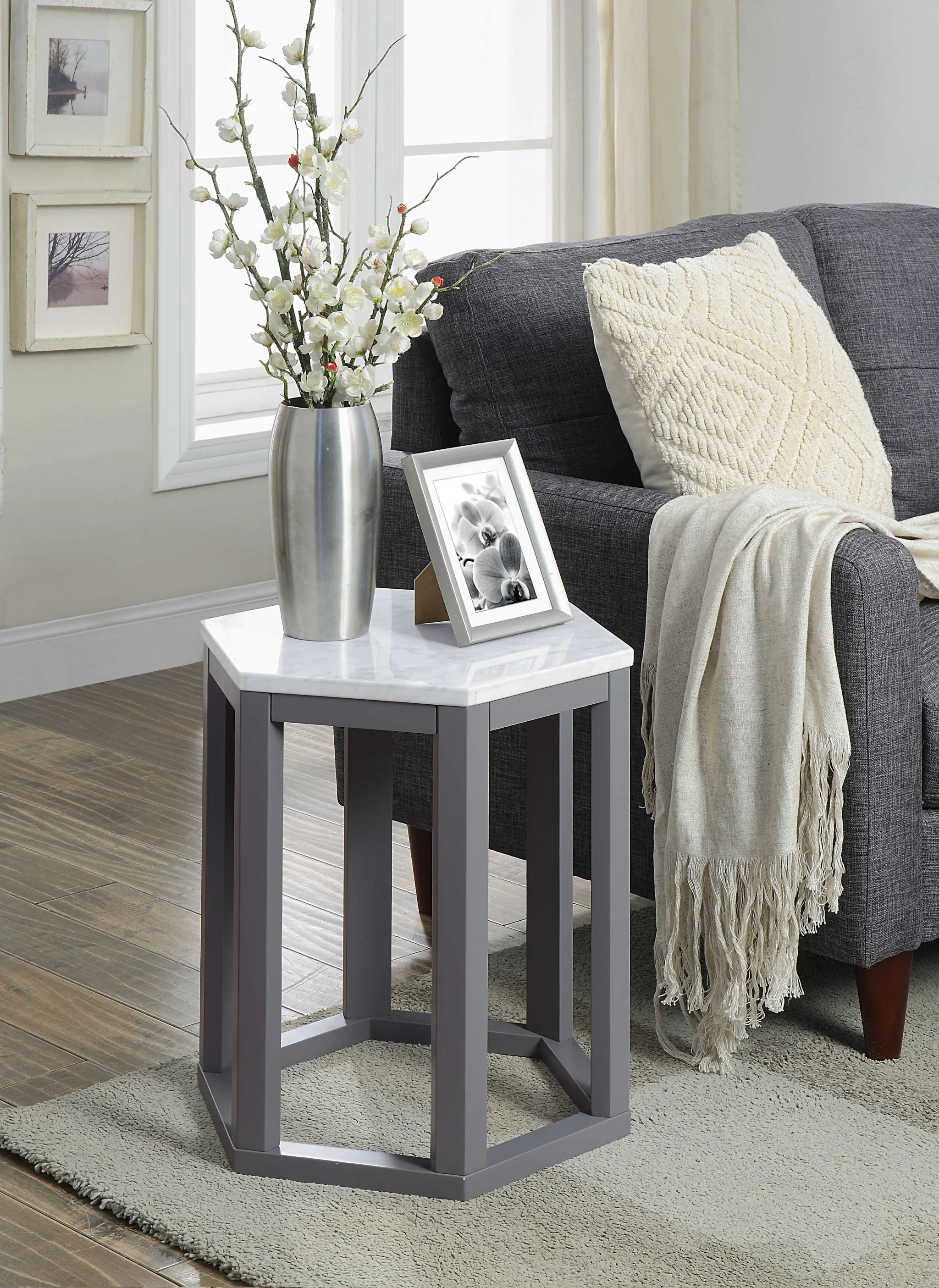 Set Of Two Gray Hexagonal Marble Top End Tables By Homeroots - Image 3
