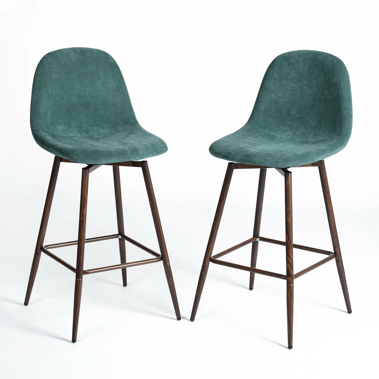 Set of Two Green And Brown Velvet And Steel Counter Height Bar Chairs By Homeroots - Image 4
