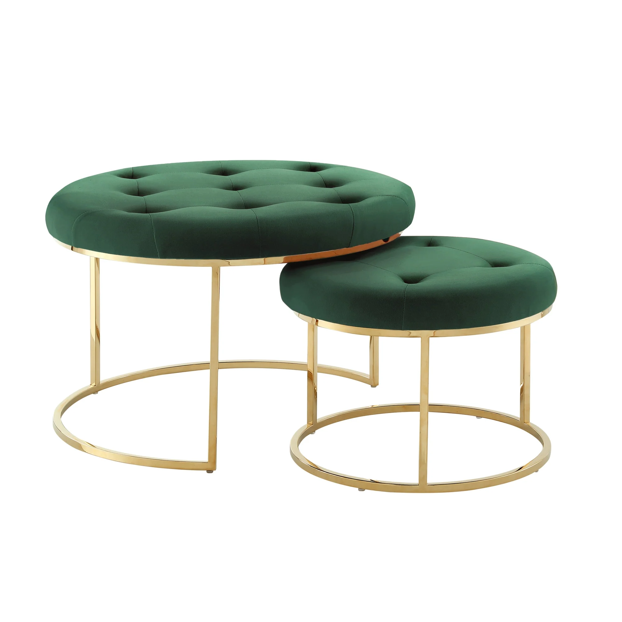 Set of Two Green Velvet and Gold Tufted Round Ottomans By Homeroots - Image 2