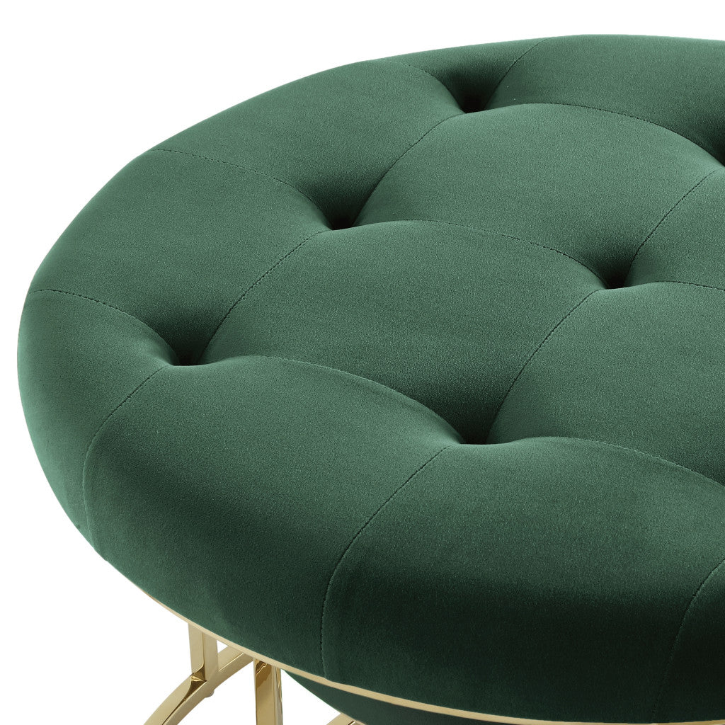 Set of Two Green Velvet and Gold Tufted Round Ottomans By Homeroots - Image 3