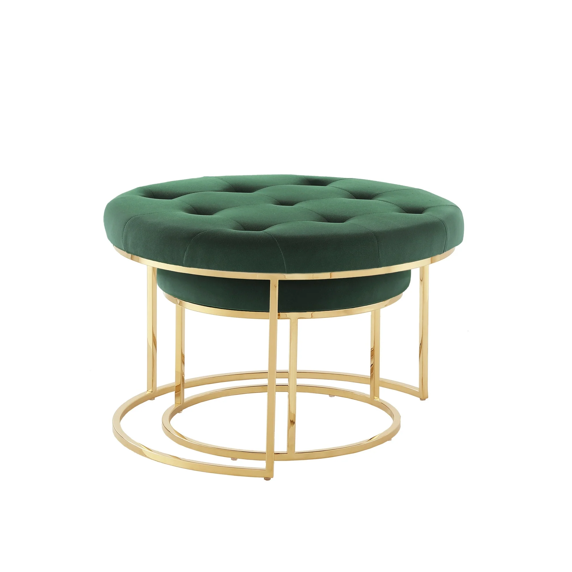 Set of Two Green Velvet and Gold Tufted Round Ottomans By Homeroots - Image 4