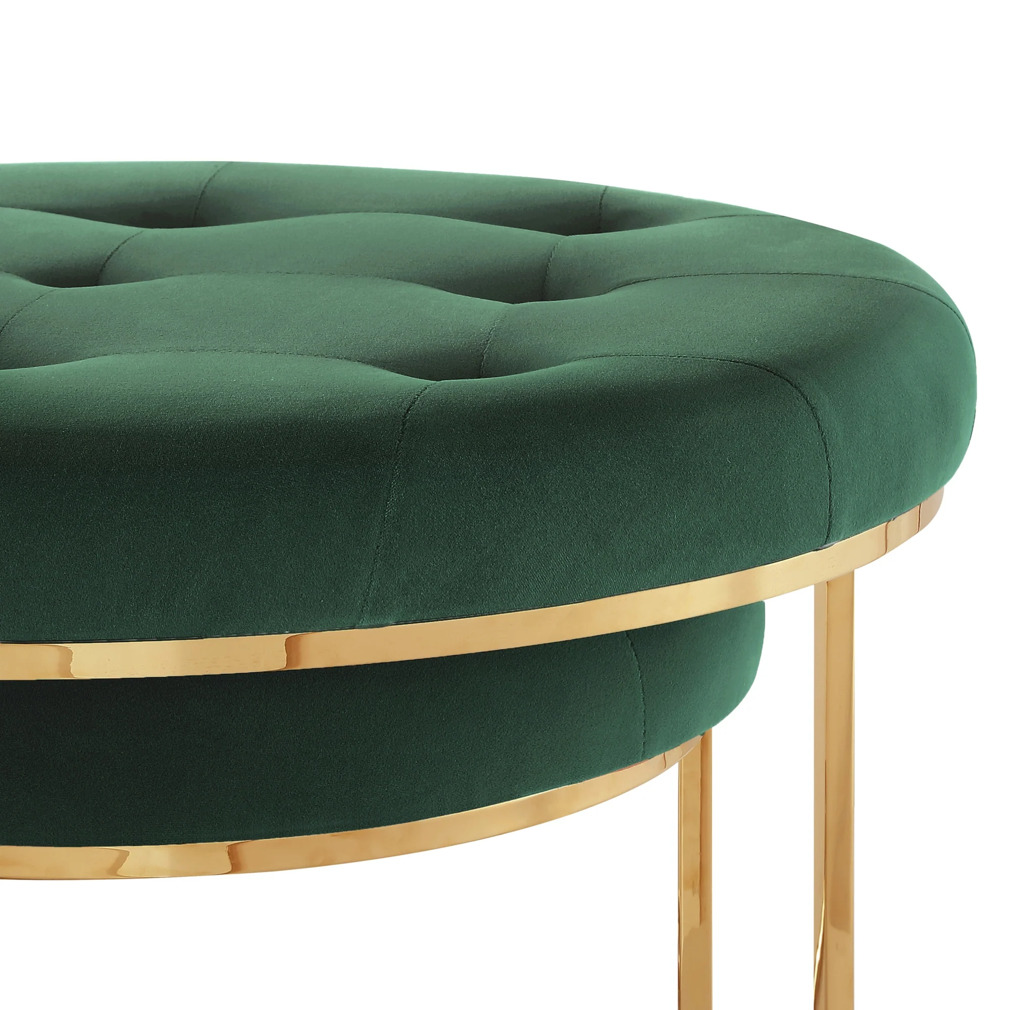 Set of Two Green Velvet and Gold Tufted Round Ottomans By Homeroots - Image 5