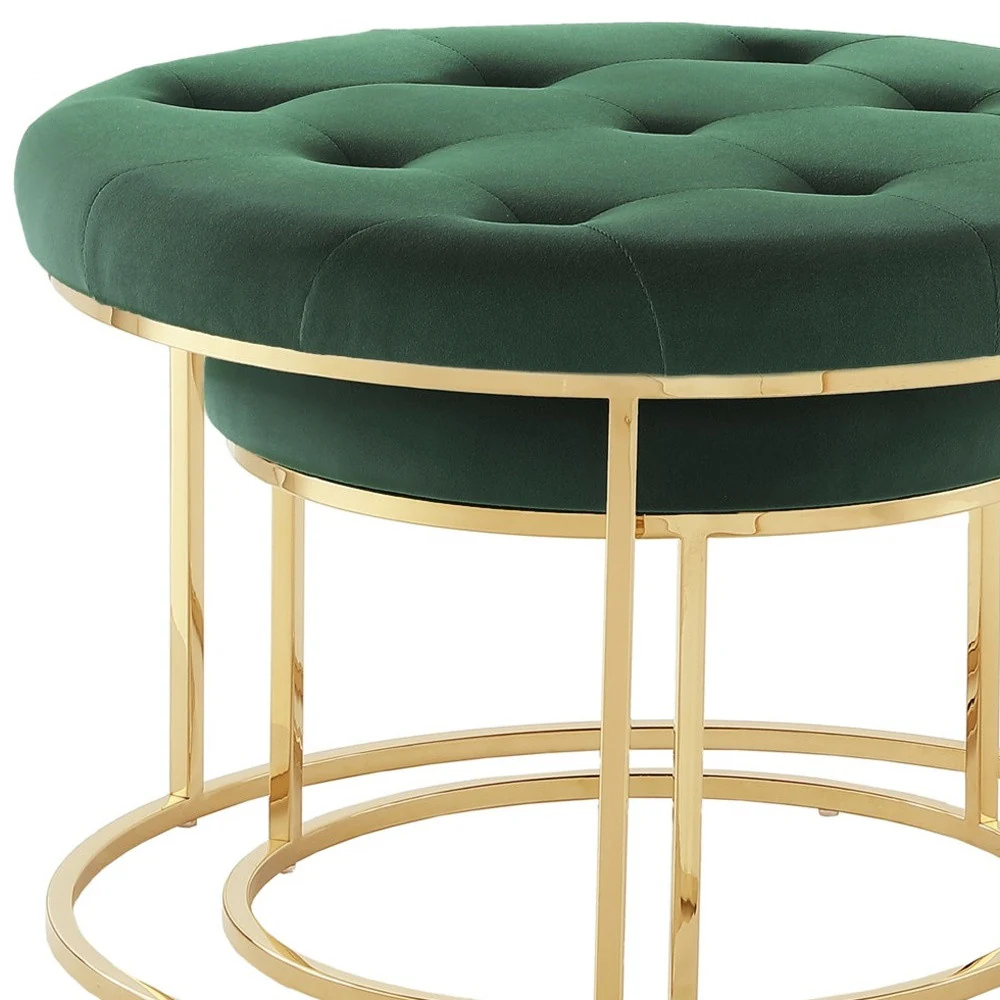 Set of Two Green Velvet and Gold Tufted Round Ottomans By Homeroots - Image 7
