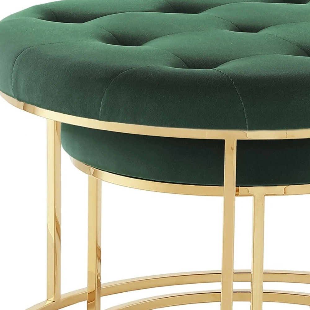 Set of Two Green Velvet and Gold Tufted Round Ottomans By Homeroots - Image 8