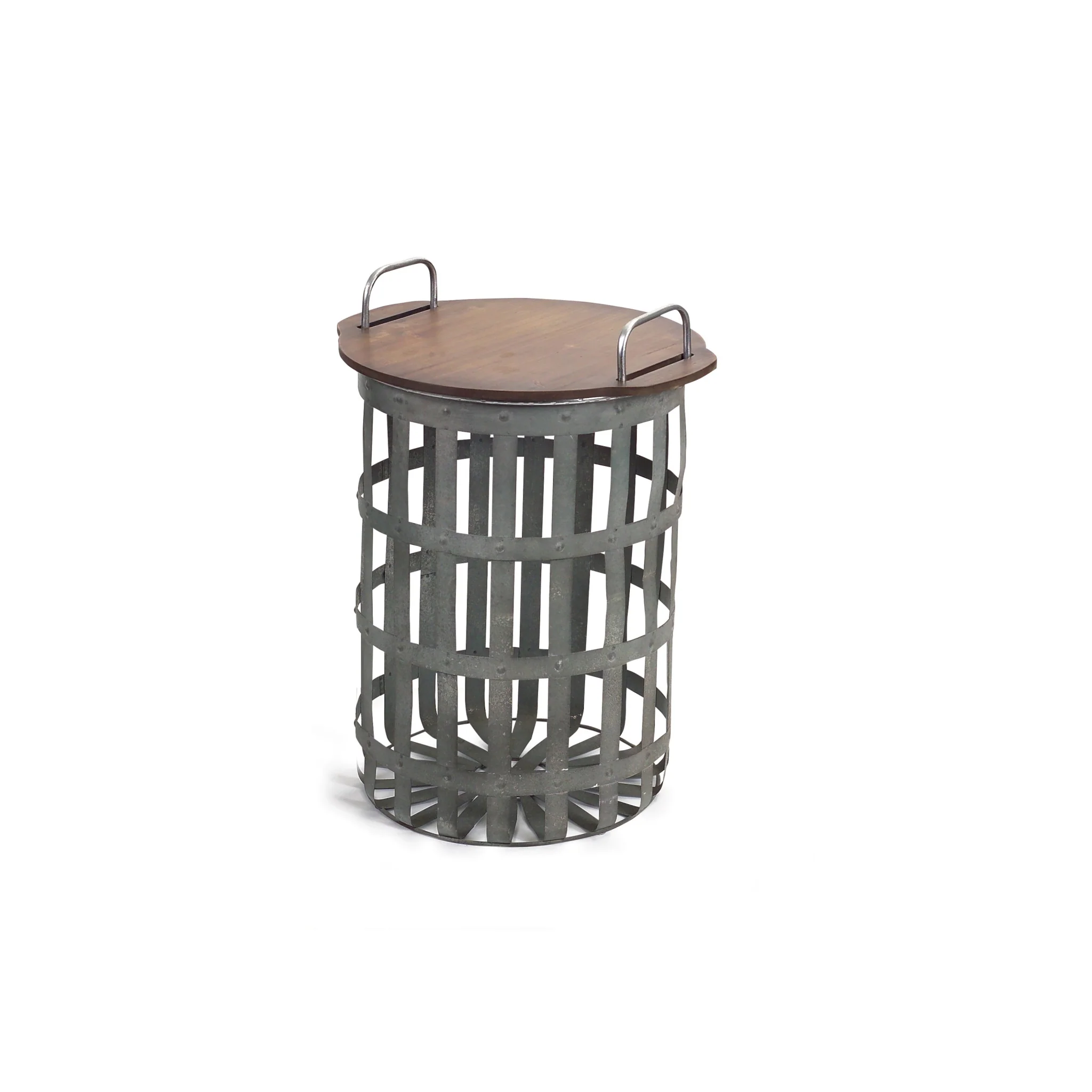 Set Of Two Grey And Brown Wood and Metal Basket Round End Tables By Homeroots - Image 2