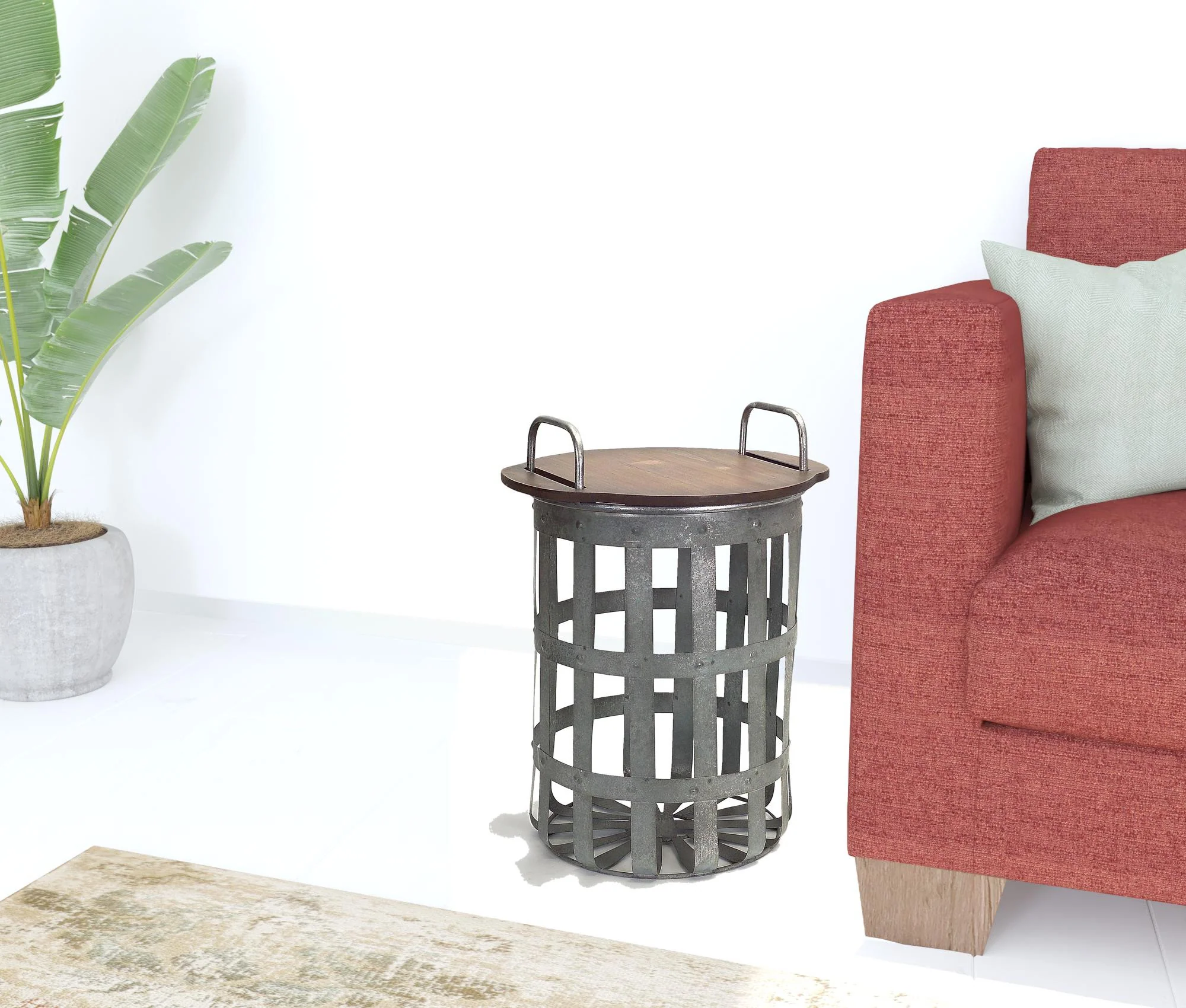Set Of Two Grey And Brown Wood and Metal Basket Round End Tables By Homeroots - Image 3