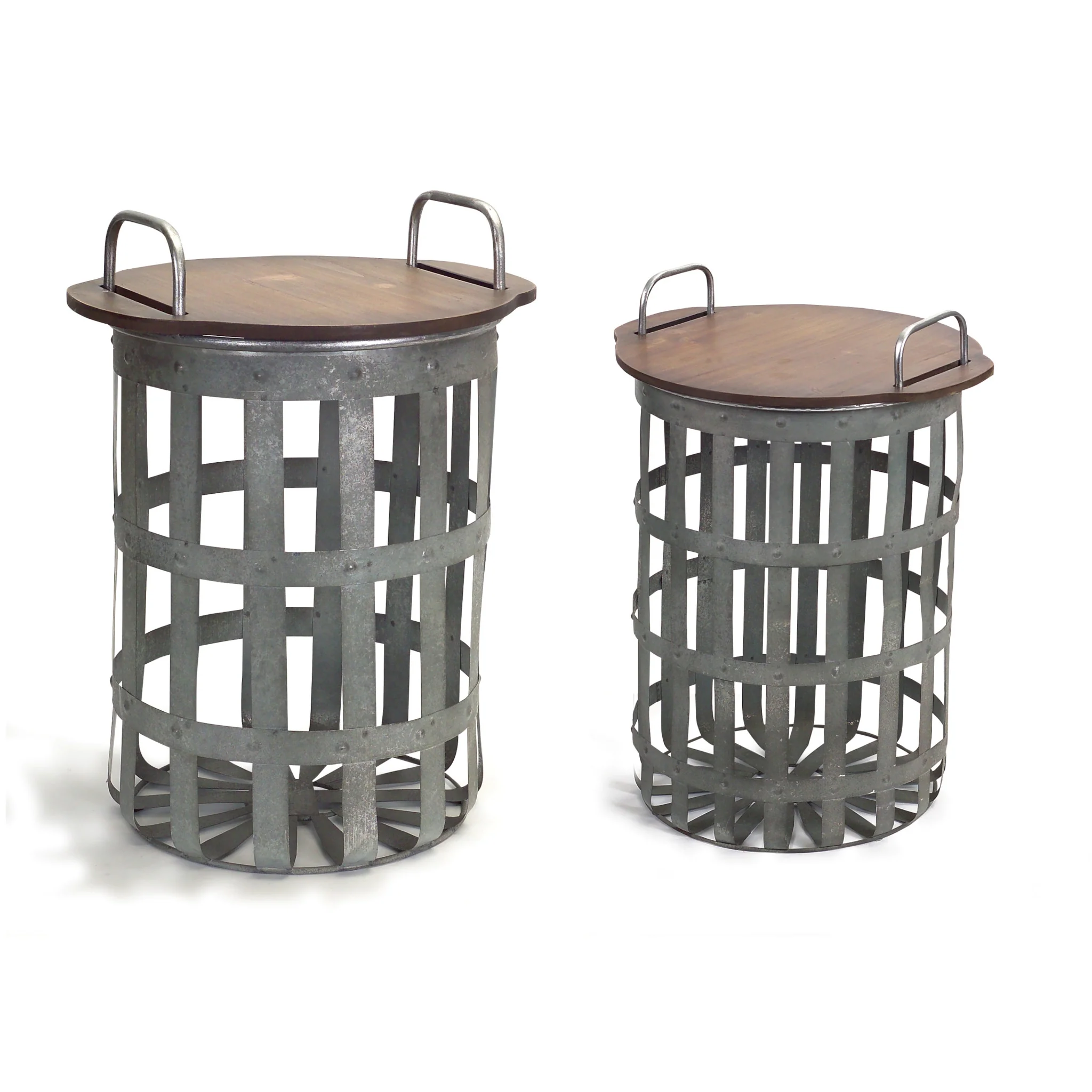 Set Of Two Grey And Brown Wood and Metal Basket Round End Tables By Homeroots - Image 4