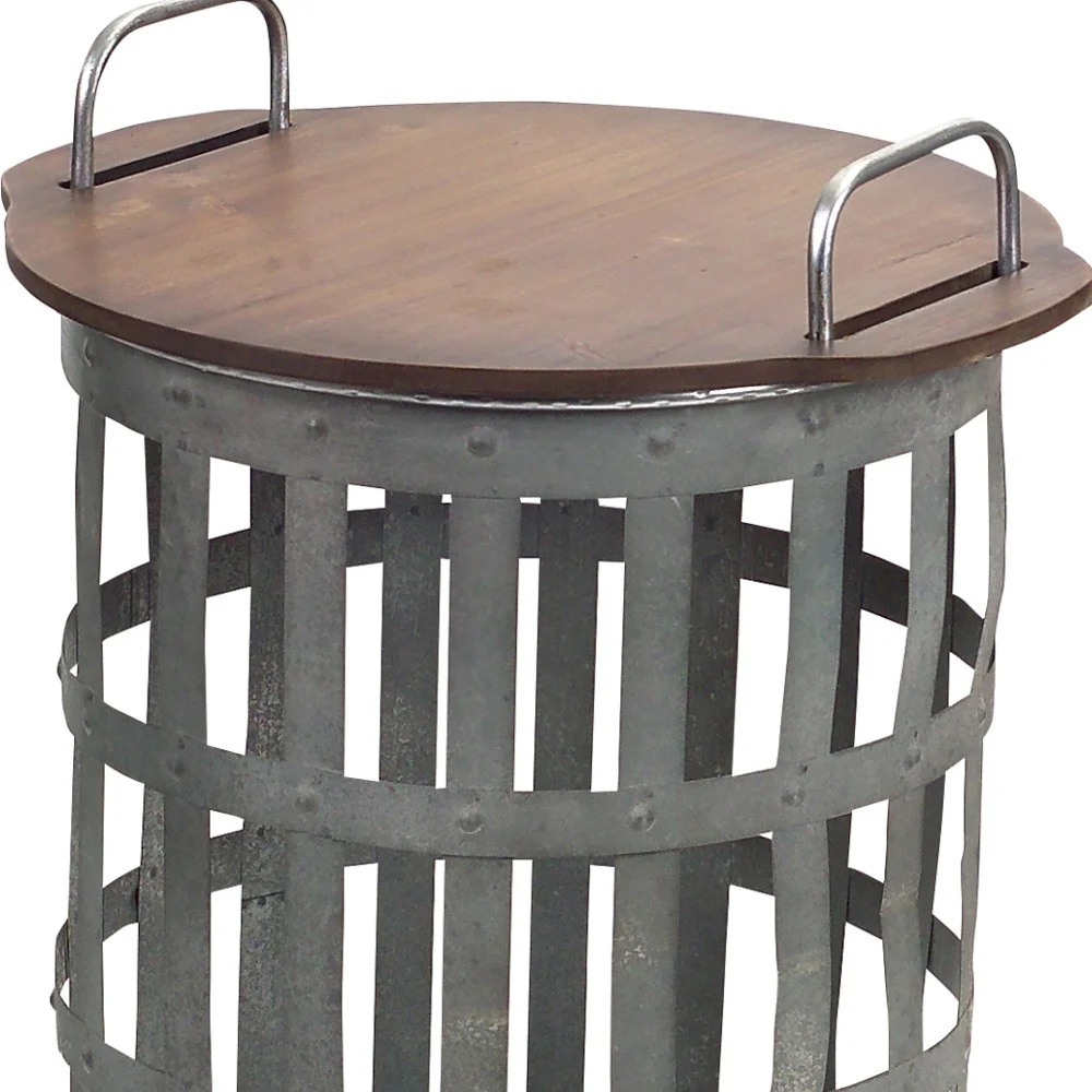 Set Of Two Grey And Brown Wood and Metal Basket Round End Tables By Homeroots - Image 6