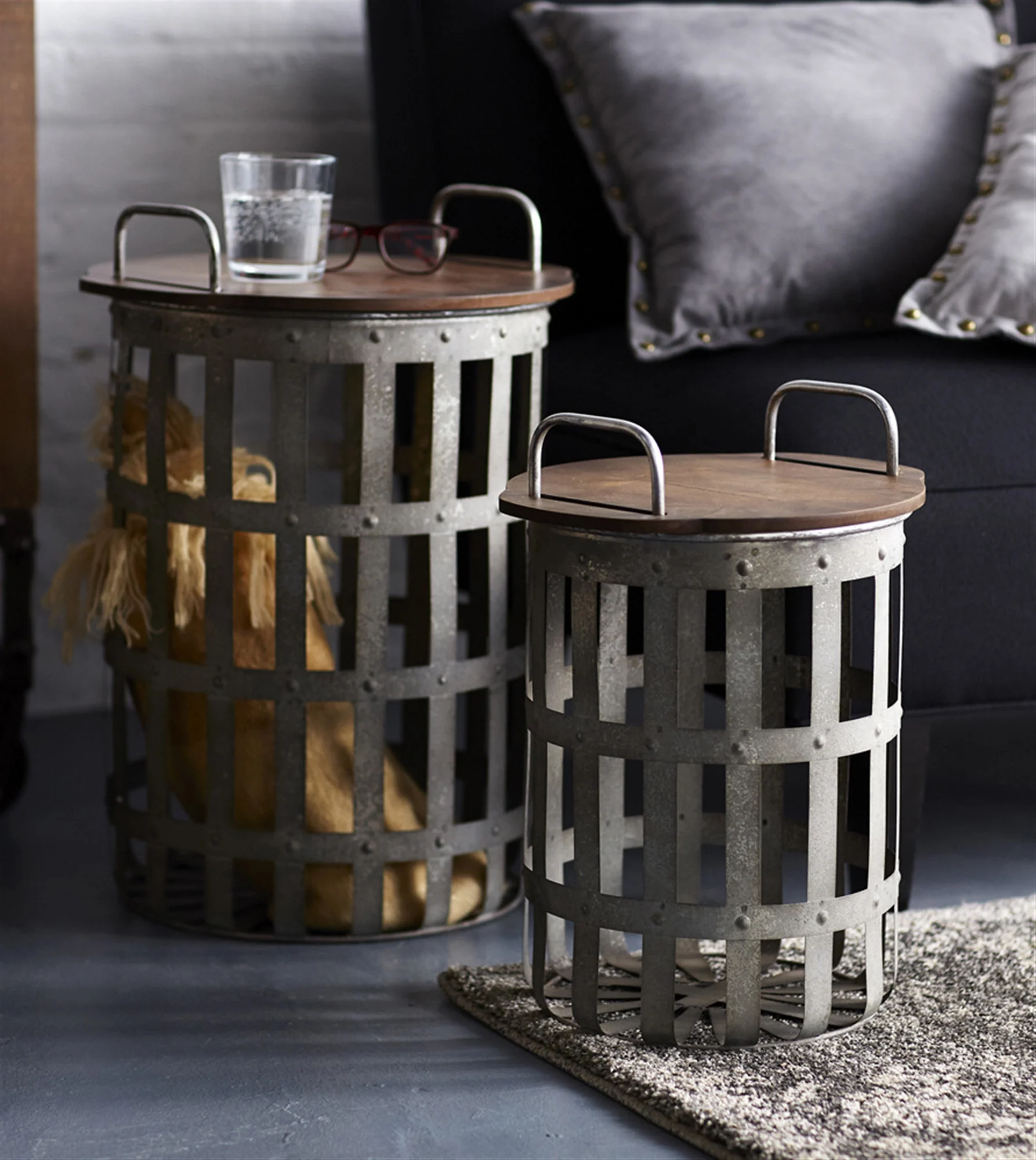 Set Of Two Grey And Brown Wood and Metal Basket Round End Tables By Homeroots - Image 7