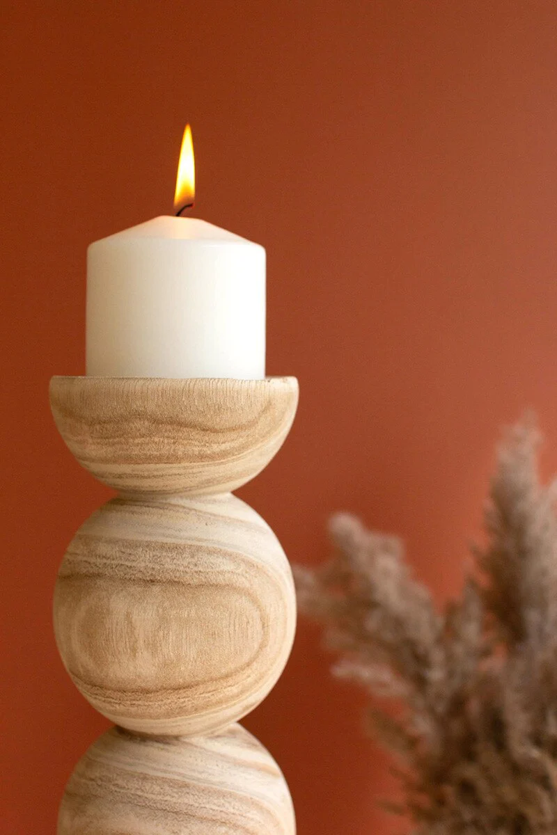 Set Of Two Hand Carved Wooden Stacked Ball Candle Holders (Min 2) By Kalalou - Image 2