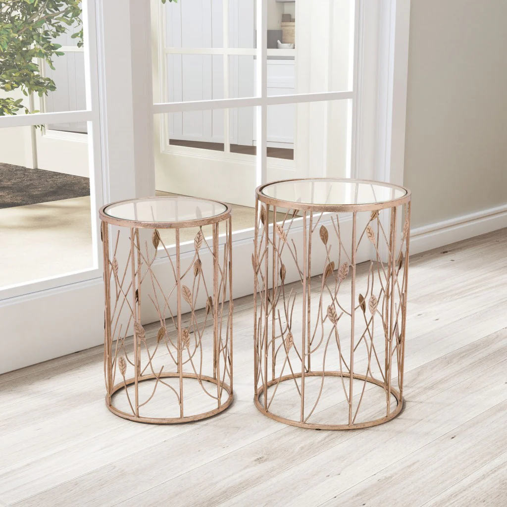 Set of Two Leaf Gold and Glass Side Tables By Homeroots - Image 6