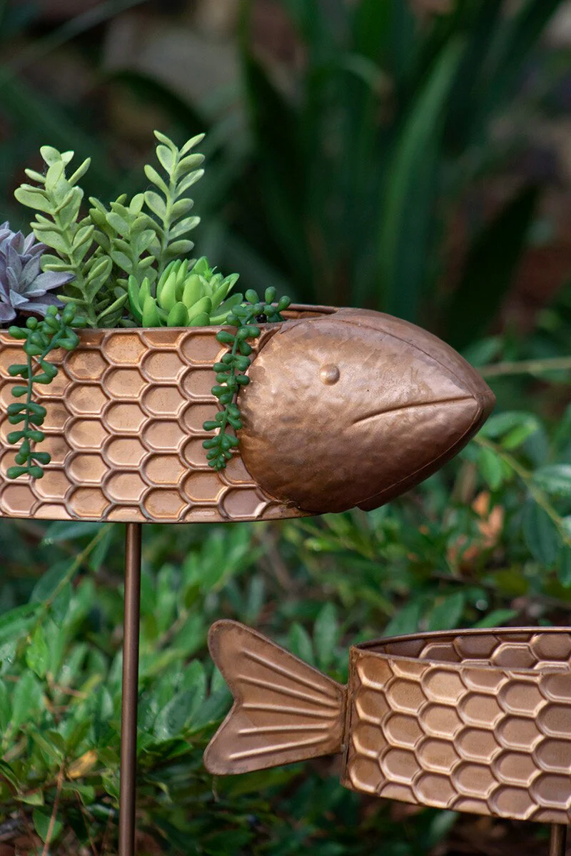 Set Of Two Metal Fish Planter Yard Stakes With Copper Finis (Min 2) By Kalalou - Image 2