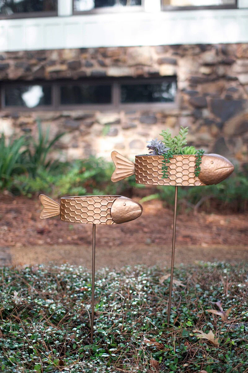 Set Of Two Metal Fish Planter Yard Stakes With Copper Finis (Min 2) By Kalalou - Image 3