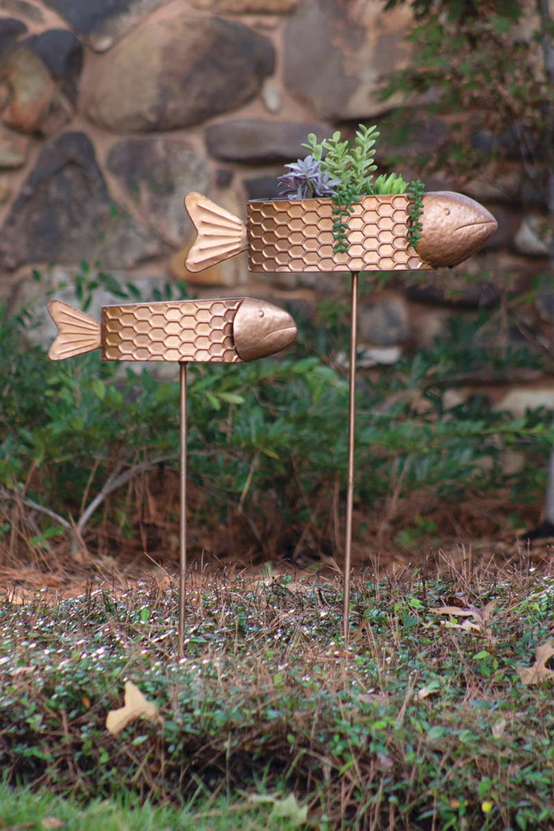 Set Of Two Metal Fish Planter Yard Stakes With Copper Finis (Min 2) By Kalalou - Image 4