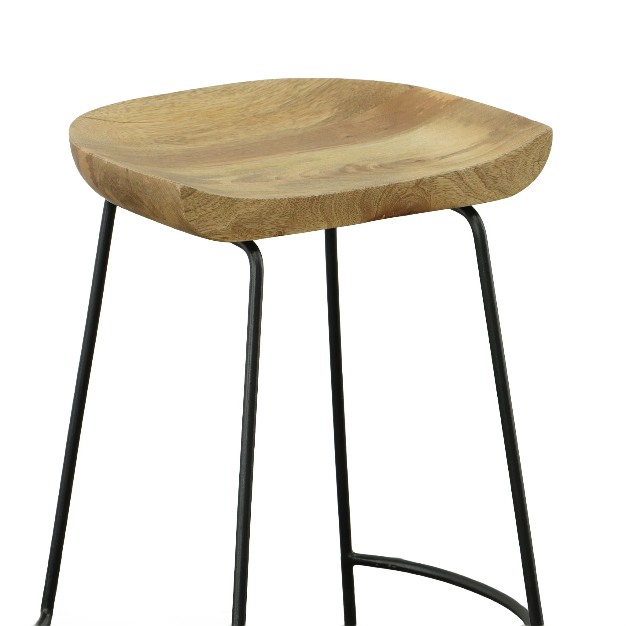 Set of Two Natural and Black Solid Wood and Steel Backless Bar Height Bar Chairs By Homeroots - Image 4