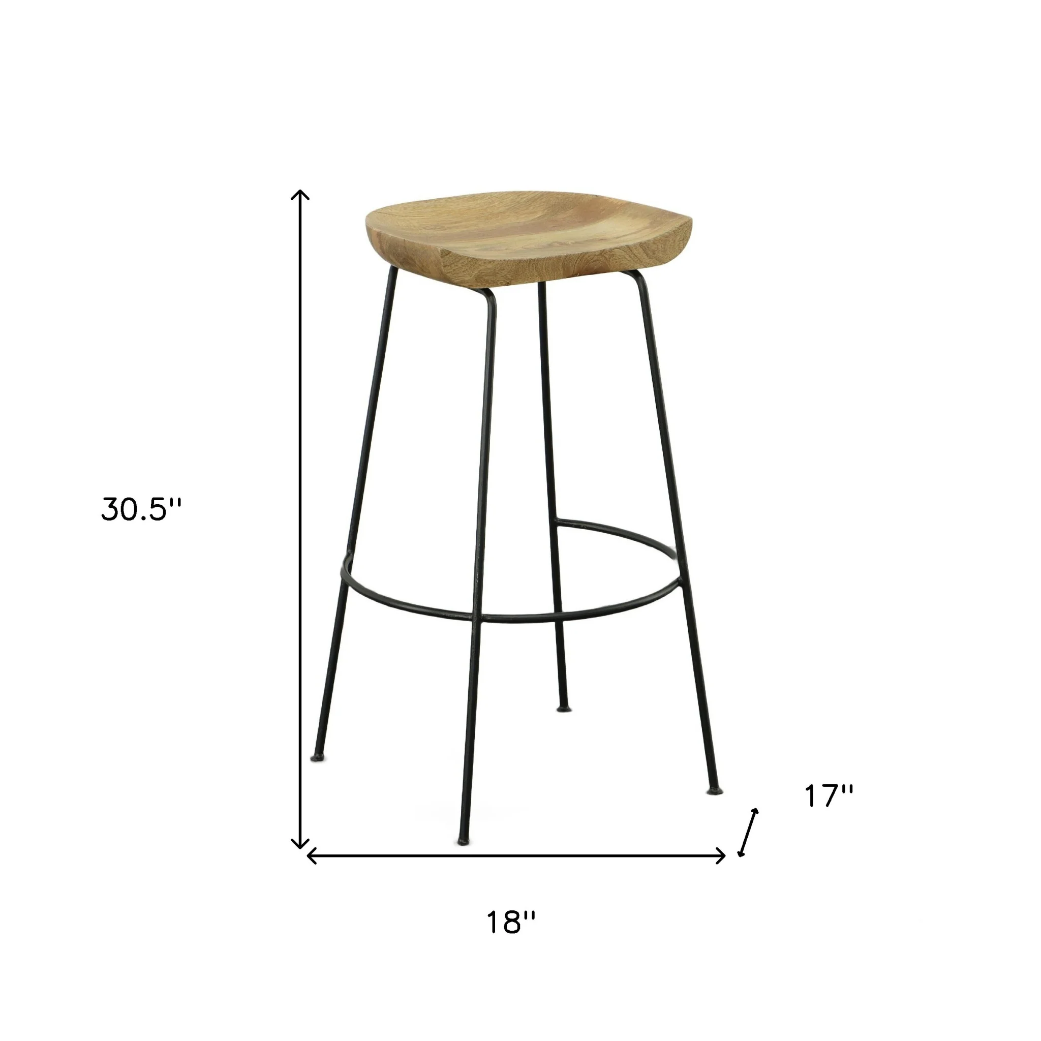 Set of Two Natural and Black Solid Wood and Steel Backless Bar Height Bar Chairs By Homeroots - Image 5