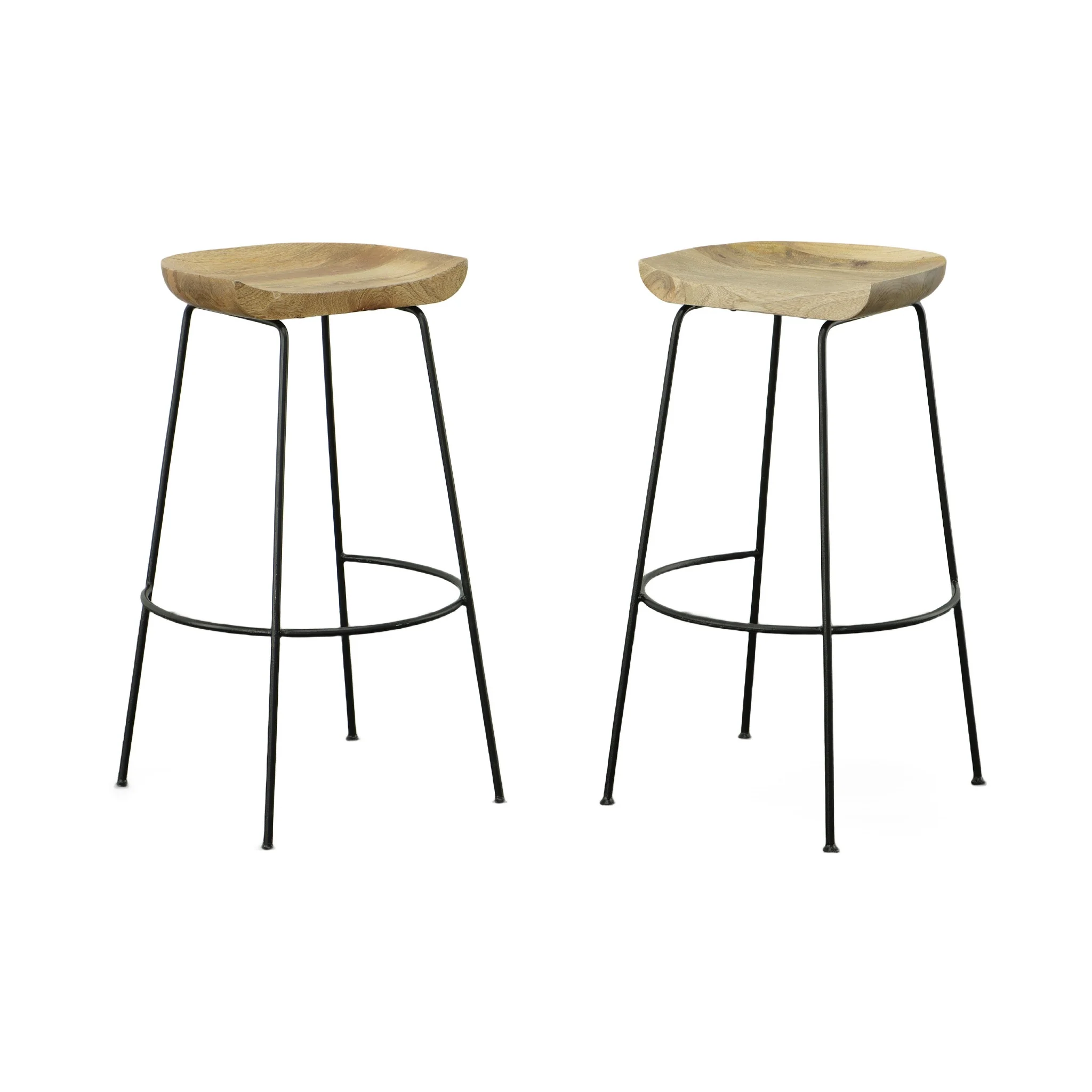 Set of Two Natural and Black Solid Wood and Steel Backless Bar Height Bar Chairs By Homeroots - Image 7