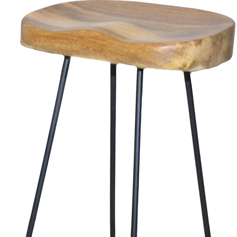 Set of Two Natural and Black Solid Wood and Steel Backless Counter Height Bar Chairs By Homeroots - Image 3