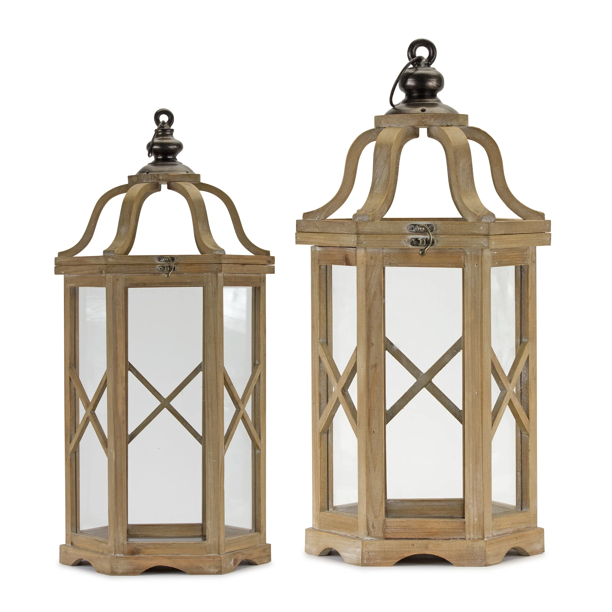 Set of Two Natural and Brown Wood and Metal Geometric Floor Lantern Candle Holders By Homeroots - Image 2