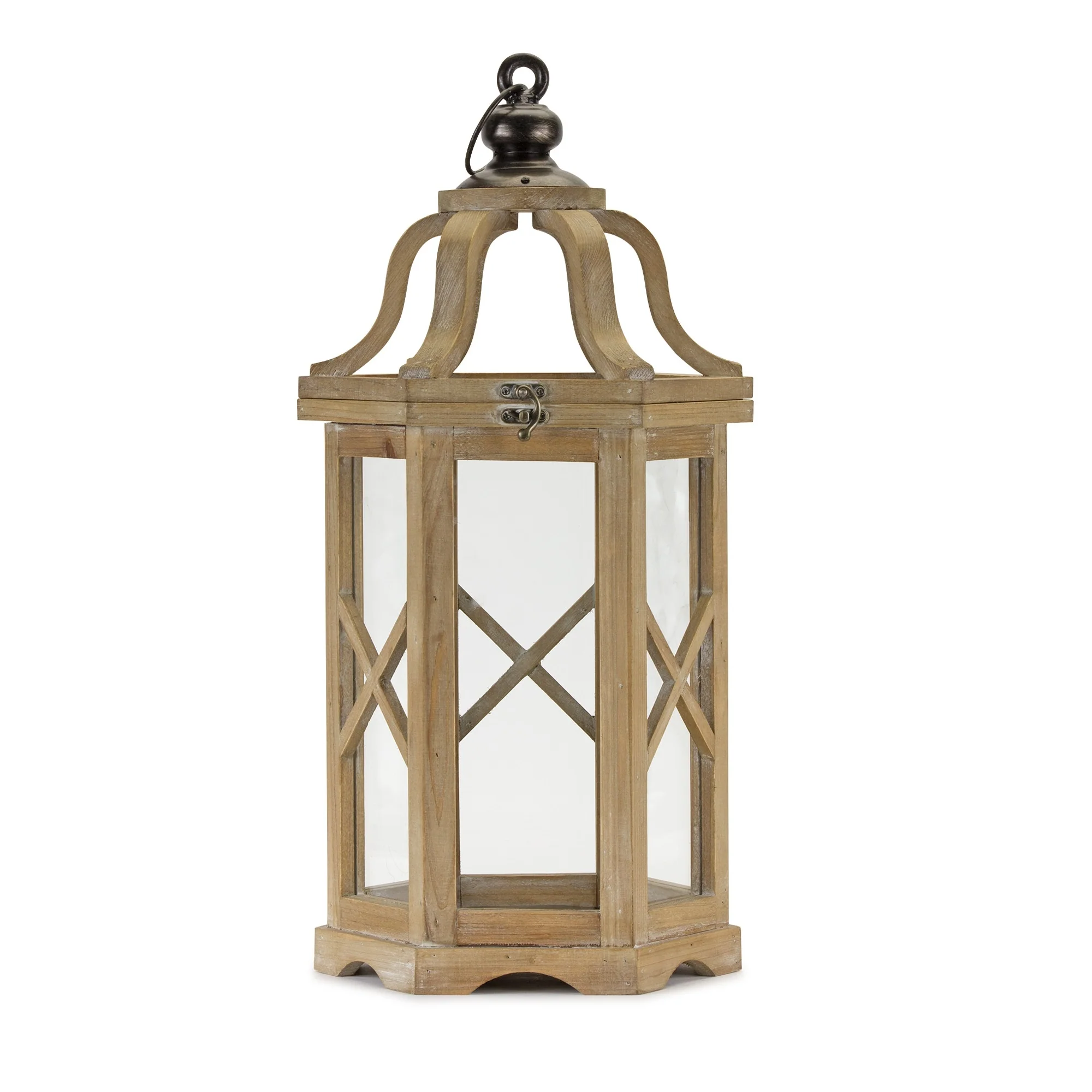 Set of Two Natural and Brown Wood and Metal Geometric Floor Lantern Candle Holders By Homeroots - Image 3