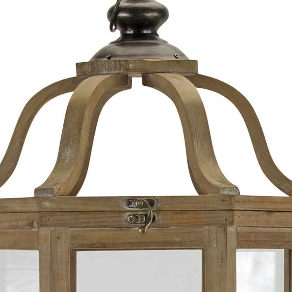 Set of Two Natural and Brown Wood and Metal Geometric Floor Lantern Candle Holders By Homeroots - Image 5