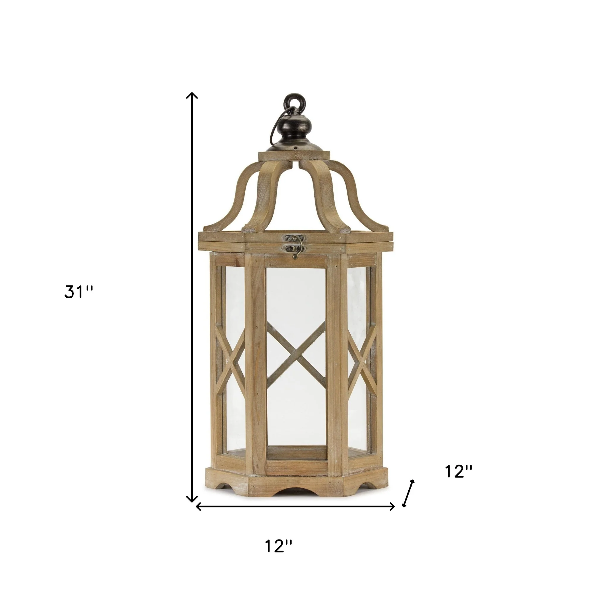 Set of Two Natural and Brown Wood and Metal Geometric Floor Lantern Candle Holders By Homeroots - Image 6