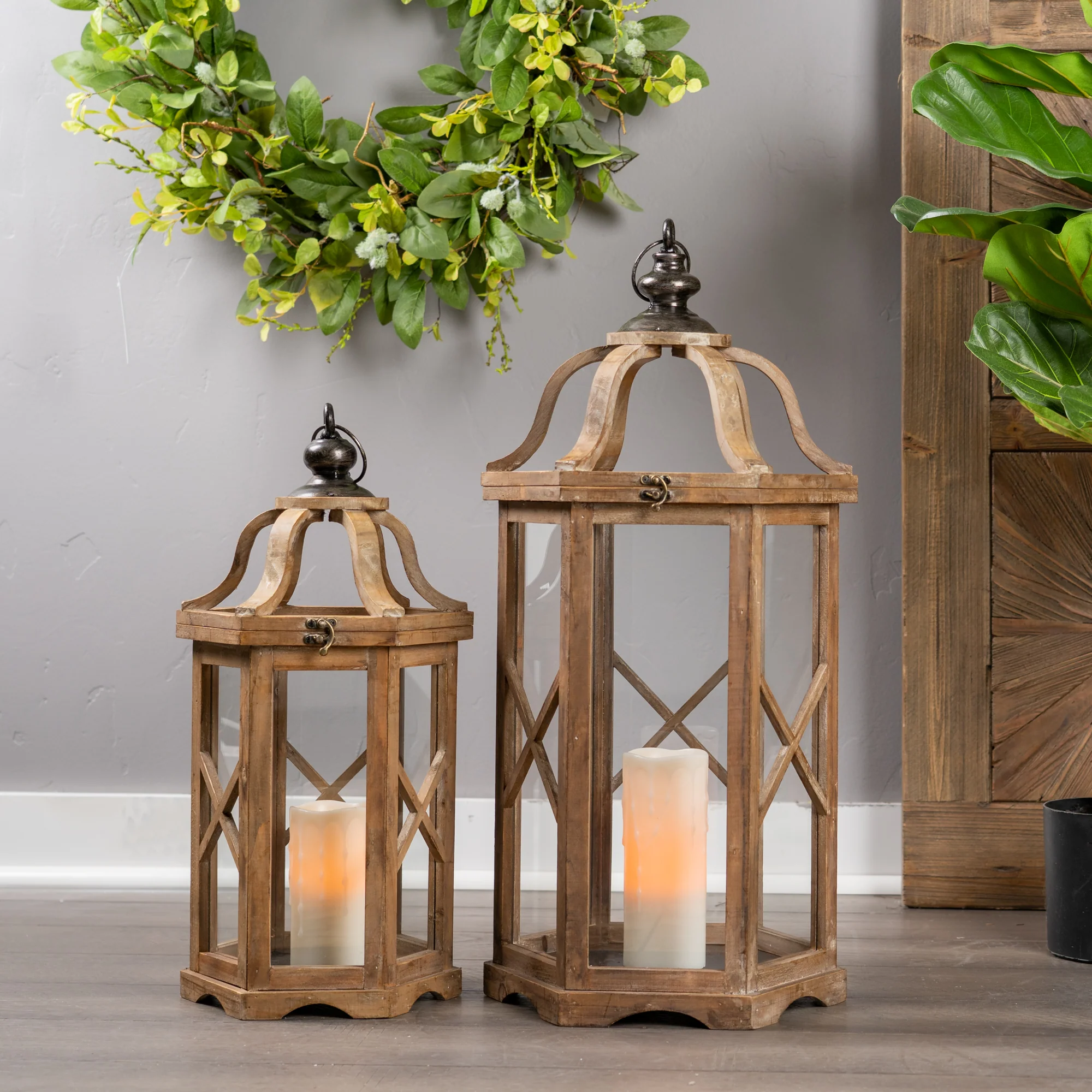 Set of Two Natural and Brown Wood and Metal Geometric Floor Lantern Candle Holders By Homeroots - Image 7