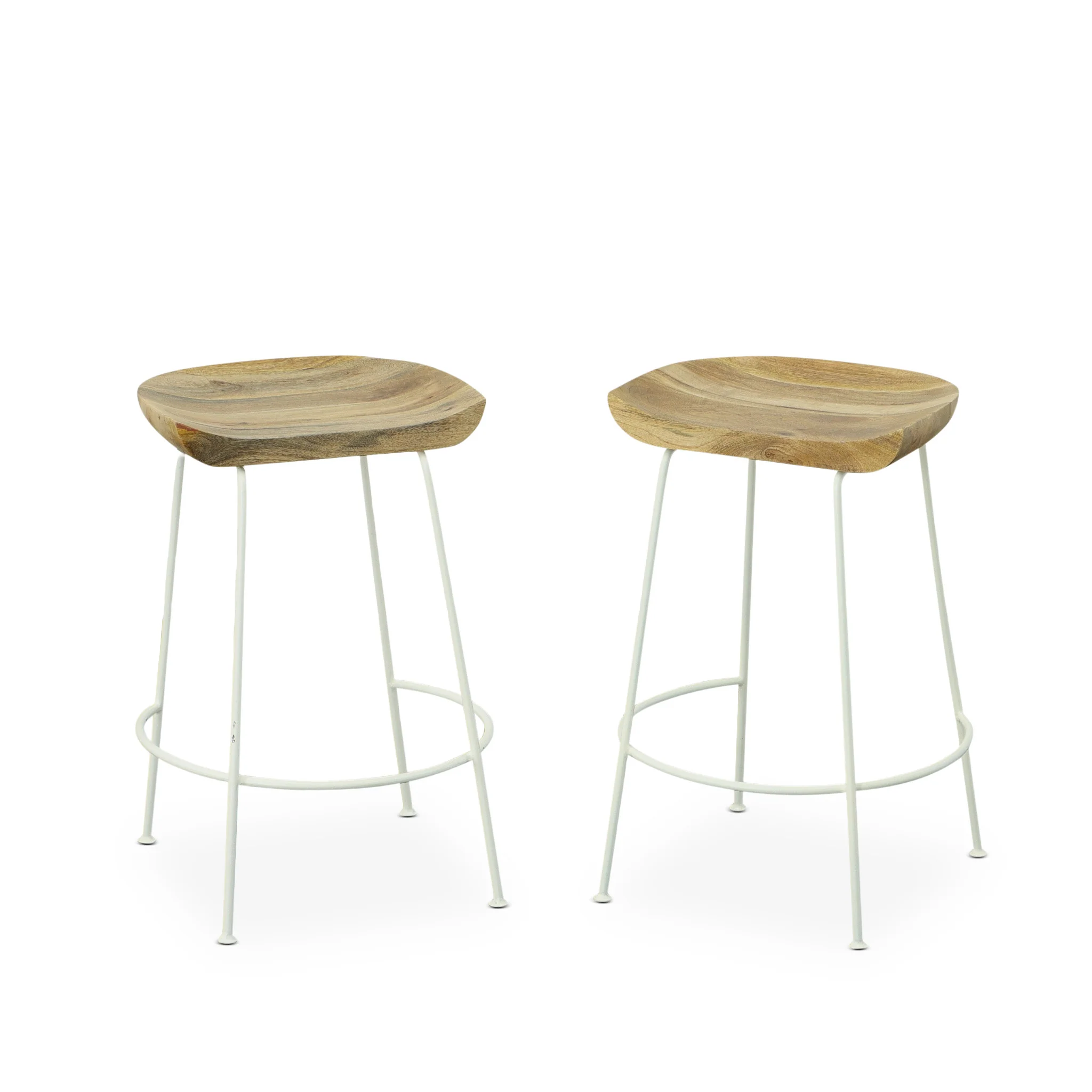 Set of Two Natural and White Solid Wood and Steel Backless Counter Height Bar Chairs By Homeroots - Image 3