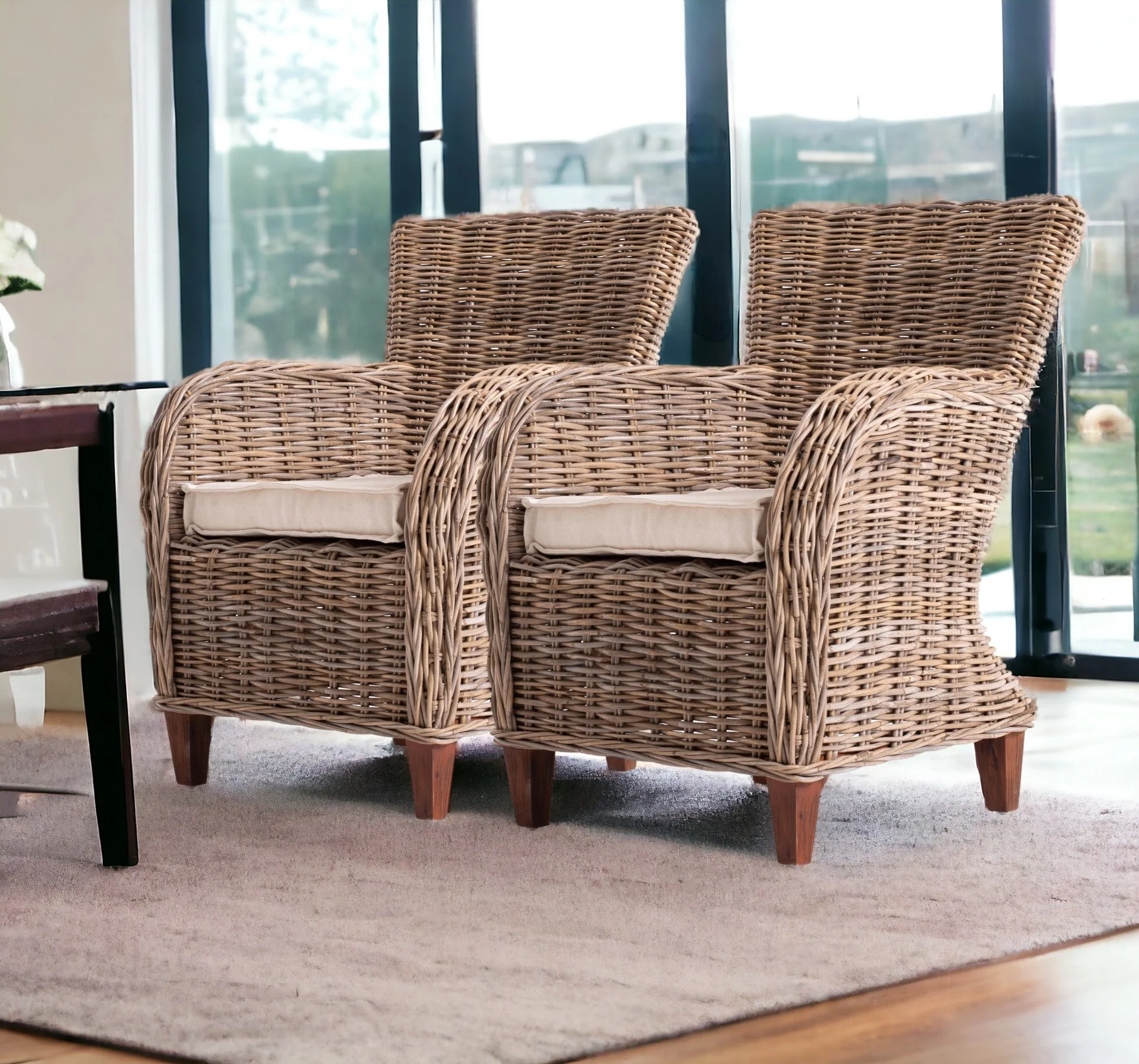 Set Of Two Natural Brown Rattan Wingback Wicker Chairs with Seat Cushions By Homeroots - Image 2