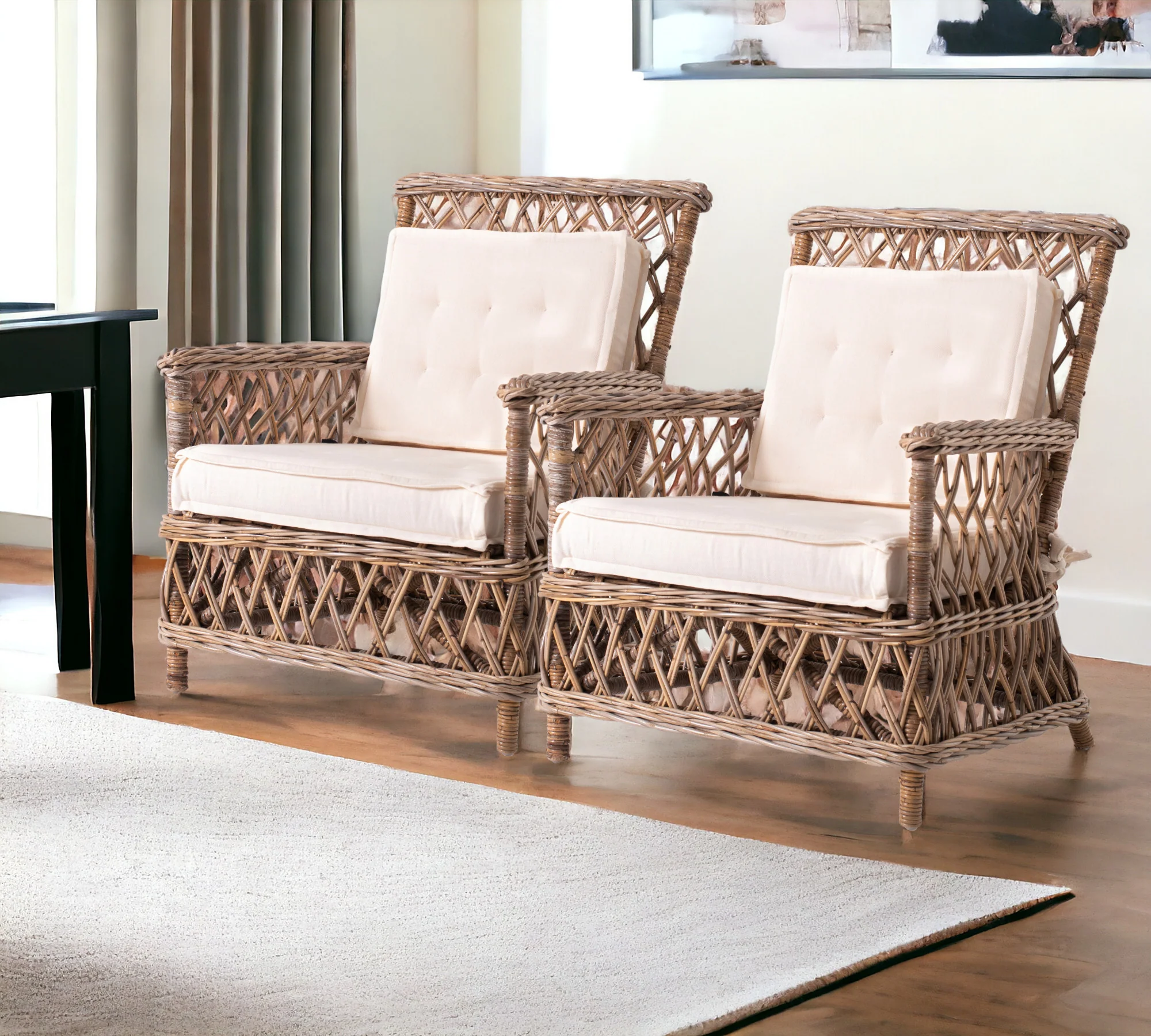 Set of Two Natural Lattice Wicker Arm Chairs with Seat Cushions By Homeroots - Image 2
